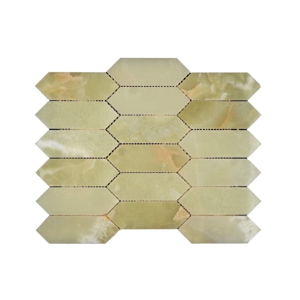 Мозайка PRISM Green Onyx – издължен хексагон от естествен оникс